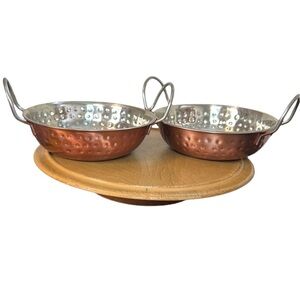 Set of‎ 2 Hammered Copper & Stainless Steel Serving Bowls ~7” Double Handles